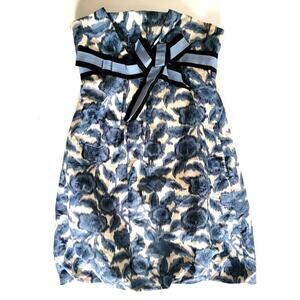 BCBGMaxaria Dress Size 2 Blue Short Balloon Style Bow Strapless Floral Prom